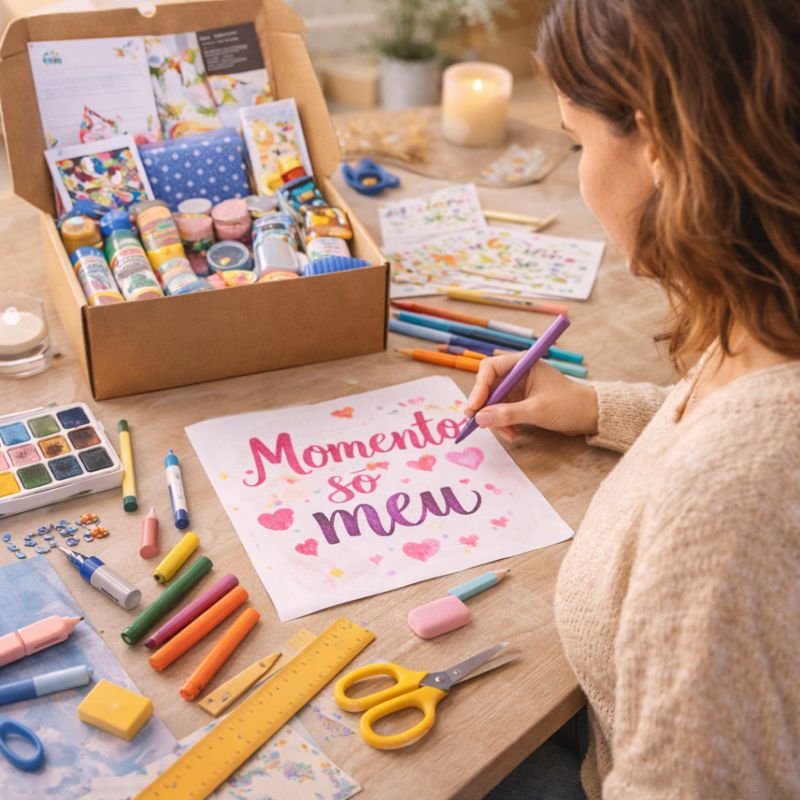 Caixa de assinatura criativa mensal com materiais de artes e bem-estar — Portal da Felicidade