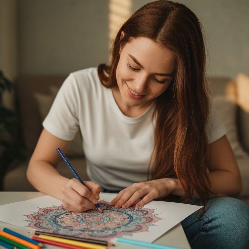 Mulher relaxada colorindo mandala com materiais criativos do Portal da Felicidade